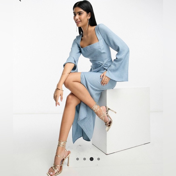 ASOS DESIGN square neck fluted mid dress in denim blue. Size US 4, small. - Picture 2 of 6